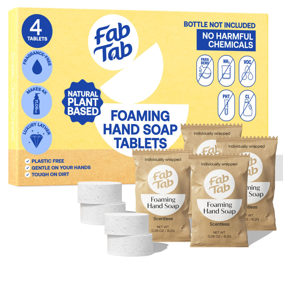 Fab Tab Fabtab Foaming Hand Soap Kit - Natural Hand Soap - Bathroom Hand Wash - Plant-Based - No Harsh Chemicals - Scentless - 4 Pack. Makes 4 X 11.9 Fl Oz (B