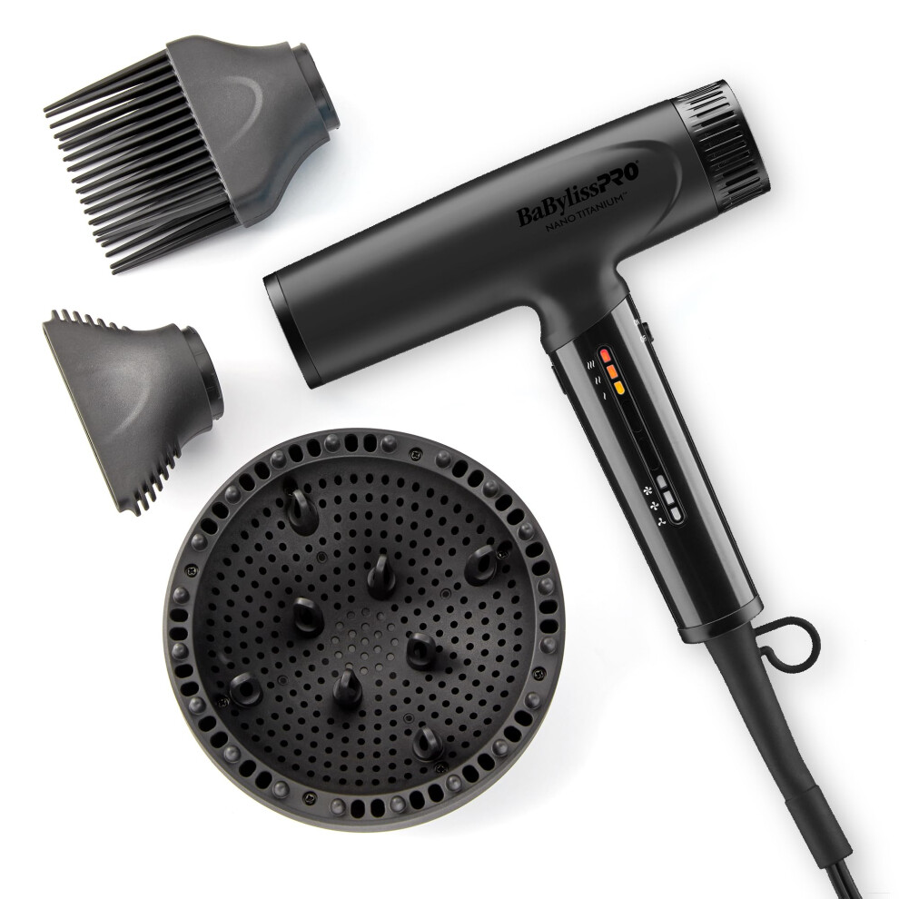 Babylisspro Nano Titanium Ionic, Lightweight, Hi-Speed, Dual Voltage Hair Dryer With Diffuser (Matte Black)