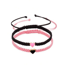 (Black + Pink Heart) Hand Crafted Love Heart Couple Bracelet Adjustable Rope Friends Bracelets