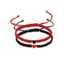 (Black + Red Heart) Hand Crafted Love Heart Couple Bracelet Adjustable Rope Friends Bracelets