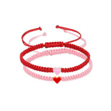 (Red + Pink Hearts) Hand Crafted Love Heart Couple Bracelet Adjustable Rope Friends Bracelets