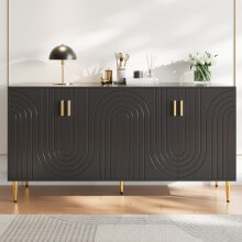 Black Sideboard 152x40x75cm with Wave Design & Gold Handles, Elegant Dining