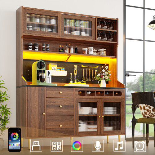 Tall Walnut Highboard Cabinet with Adjustable Shelves & LED Light