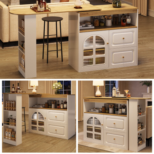 Rotating Storage Sideboard Cabinet with Glass, Drawers & Shelves White