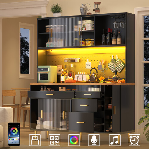 Freestanding Black Storage Highboard with LED Light & Pegboard Shelves