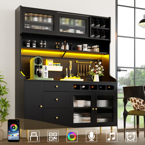 Tall Highboard Cabinet with LED Wine Rack Adjustable Shelves Black