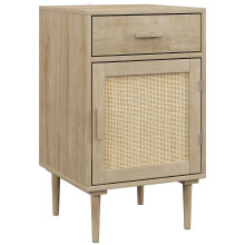 Boho Rattan Nightstand with Drawer Storage Cabinet Wood Effect