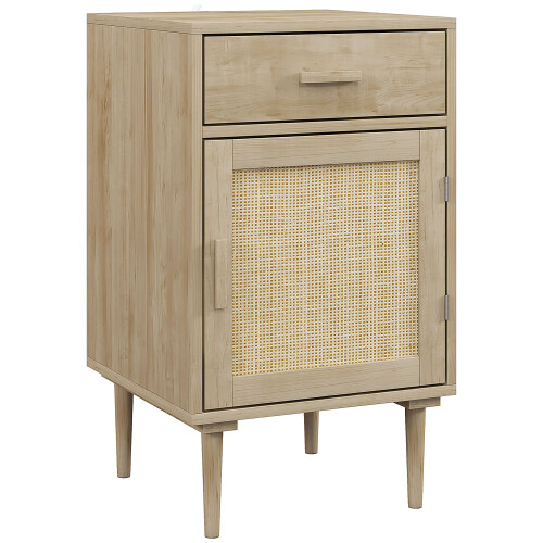 Boho Rattan Nightstand with Drawer Storage Cabinet Wood Effect