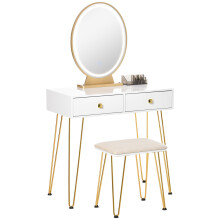 White LED Light Dressing Table Set, Round Mirror + 2 Drawers & Cushioned Stool for Bedroom