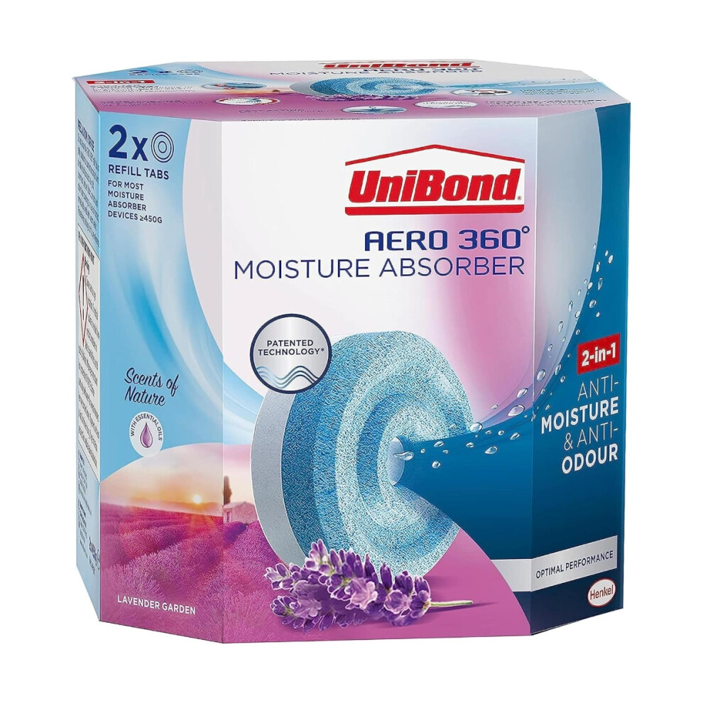 Unibond Aero 360 Moisture Absorber Refills 450G - (1 Loose Refill), Dehumidifier Damp & Odour Control Lavender