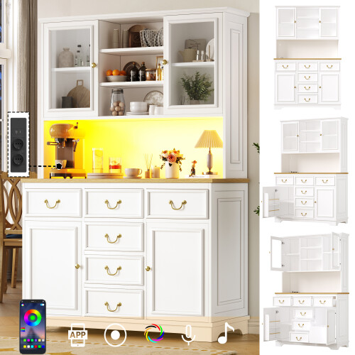 Kitchen Storage Cabinet with USB Power LED Snack Shelf Waste Bin White