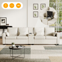 Beige Linen 4-Seater Modern Sofa, Minimalist Couch with Storage Console, Cup Holders and USB-C Ports