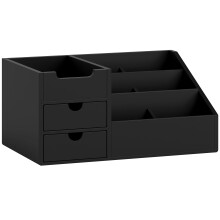 Black Bamboo Desk Organiser, Multi-Function Storage Caddy with 7 Compartments & 2 Drawers for Home Office