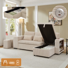 Beige Corduroy L-Shaped Sofa Bed, 3-in-1 Convertible Couch with Storage, Footstools & Charging Station