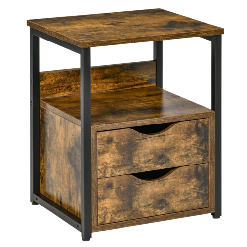 Slim Industrial Nightstand with Drawer Shelf Side Table Rustic Brown