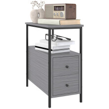 Industrial Narrow Side Table 2 Drawer Nightstand Small Space Grey
