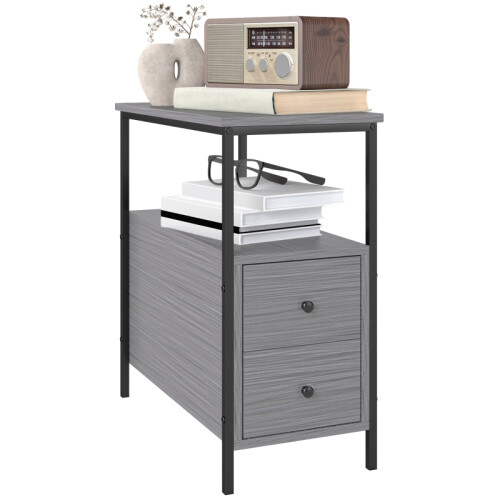 Industrial Narrow Side Table 2 Drawer Nightstand Small Space Grey