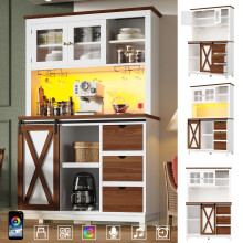 Smart LED Tall Kitchen Cabinet Sliding Door Drawer Storage White