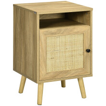 Bedside Table with Rattan Element, Side End Table with Shelf and Cupboard, 39cmx35cmx60cm, Natural