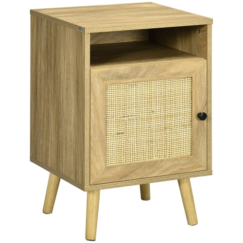 Bedside Table with Rattan Element, Side End Table with Shelf and Cupboard, 39cmx35cmx60cm, Natural