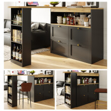 360掳 Swivel Bar Table with 4 Drawers and Open Shelves, Multifunctional Storage Desk for Home