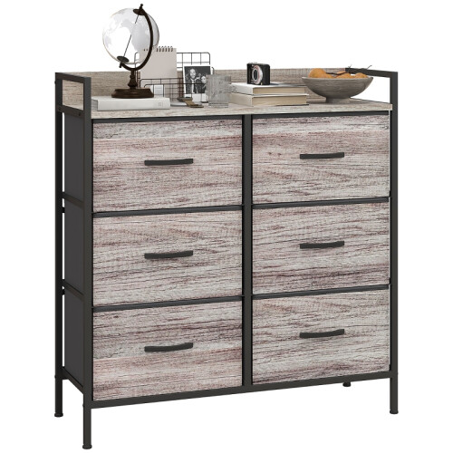 Rustic Chest of Six Fabric Drawers - Grey Wood Effect
