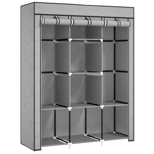 Fabric Wardrobe, with Rails and Shelves - Light Grey