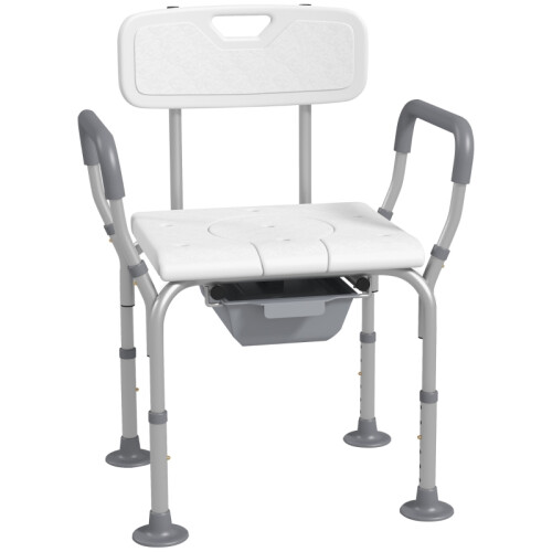 Height Adjustable Shower Stool with Arms Back Non Slip Bedside Commode Detachable Bucket for Elderly White