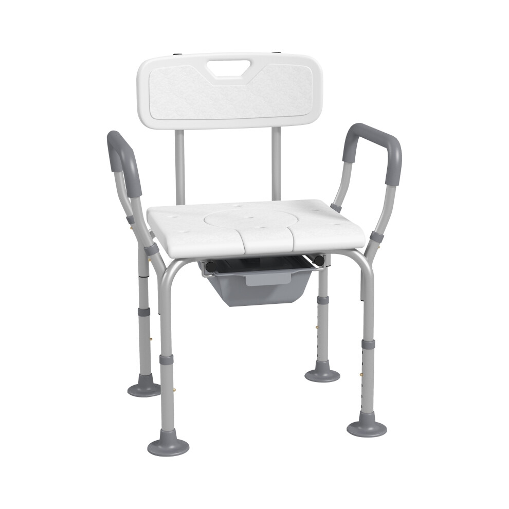 Height Adjustable Shower Stool with Arms Back Non Slip Bedside Commode Detachable Bucket for Elderly White