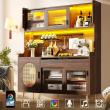 Tall Kitchen Buffet Cabinet 5 Door LED Pegboard Glass Storage Brown Black