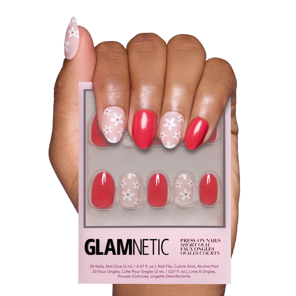 Glamnetic Red Press On Nails - Blossom | Short Oval Nails With Floral Accents, Reusable Stick On Fake Nails With Glue | Love In Bloom Valentines Nails