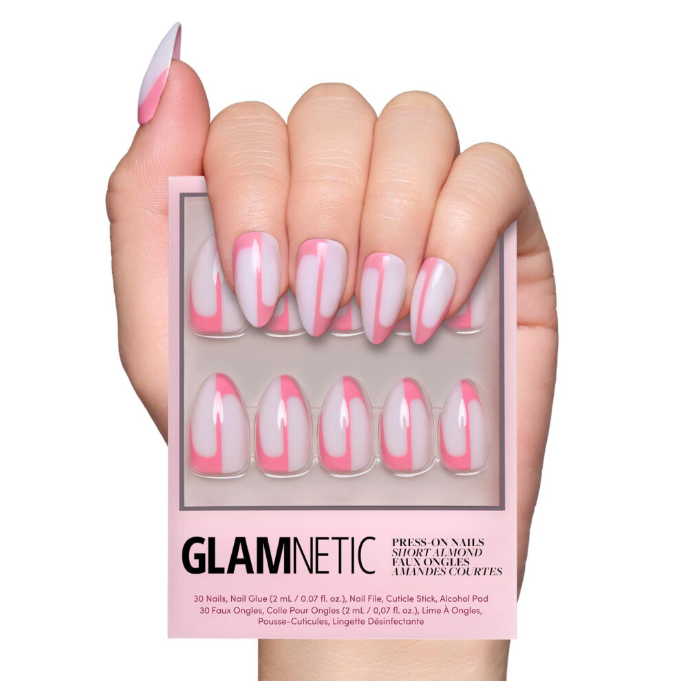 Glamnetic Pink Press On Nails - Better Half | Short Almond Nails With Accents, Reusable Stick On Fake Nails With Glue | Love In Bloom Valentines Nails