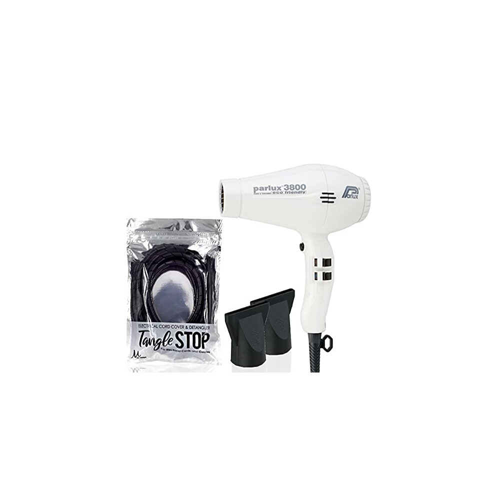 M Hair Designs White Parlux 3800 Eco Friendly Ionic & Ceramic Hair Dryer And Tangle Stop Cord Cover Detangler (Bundle 2 Items)