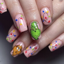 Uñas postizas de Navidad de longitud media con diseño de purpurina, uñas acrílicas cuadradas