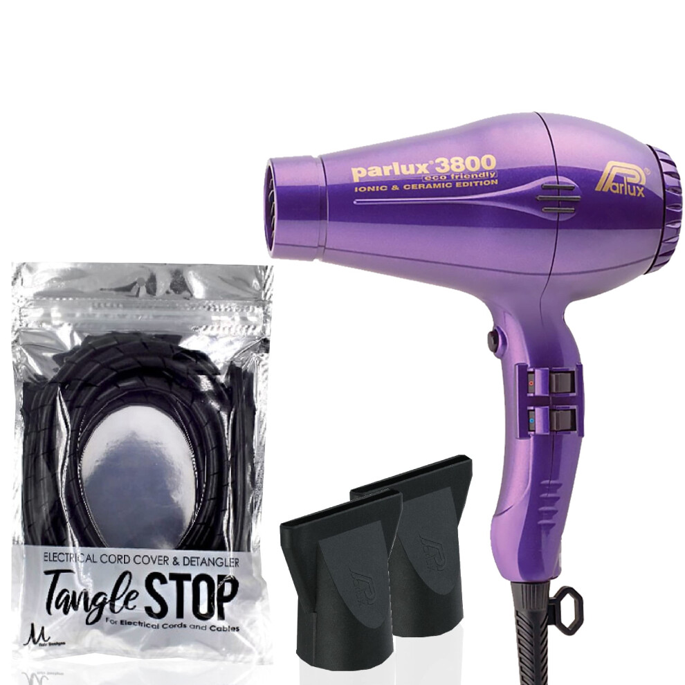 M Hair Designs Parlux 3800 Eco Friendly Ionic & Ceramic Violet Hair Dryer And Tangle Stop Cord Cover Detangler (Bundle 2 Items)