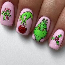 Uñas Postizas de Navidad Cortas Cuadradas Rosa con Diseño de Monstruo Verde