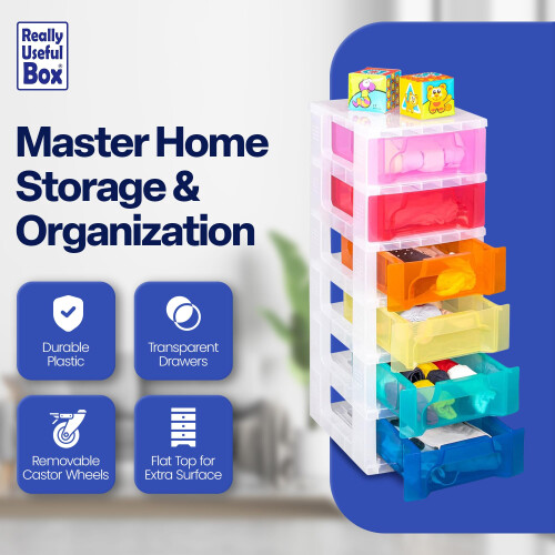 Really Useful Box Plastic Storage Slimline Tower 6x3.5 Litre Clear Frame with Rainbow Drawers 1