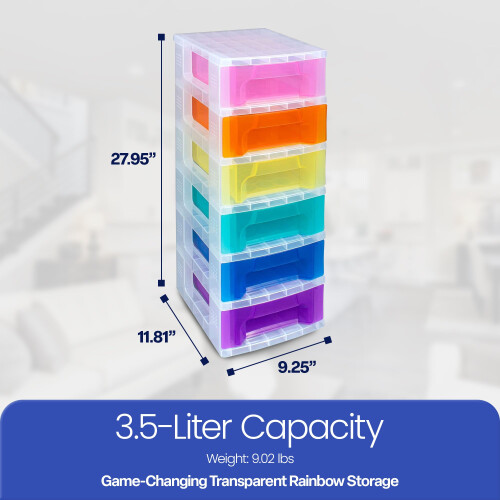 Really Useful Box Plastic Storage Slimline Tower 6x3.5 Litre Clear Frame with Rainbow Drawers 2