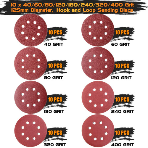 80pcs 125mm Sanding Discs, Hook and Loop 10 x 40/60/80/120/180/240/320/400 Mixed Grit 1