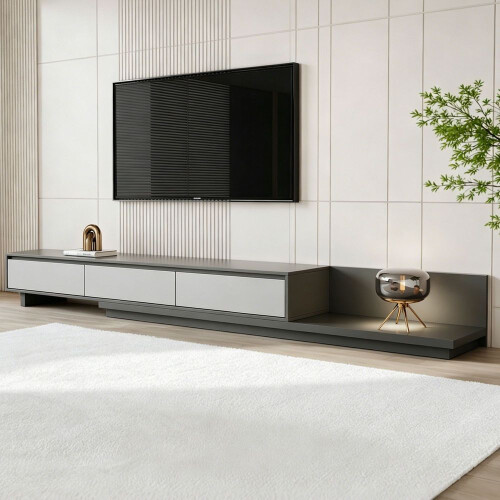 (Grey) Extendable Grey Tv Stand, 200-350cm, Dark Grey Base & 3 Drawers