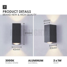 2x1W LED Wall Light, Black Rectangular, Lampu Hiasan, Indoor/Outdoor Waterproof Decorative Light, Warm White Light