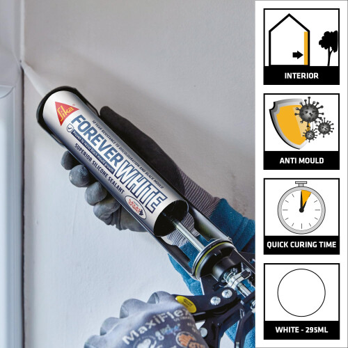 Everbuild Sika Forever White Anti-Mould Silicone Sealant, White, 295ml 1