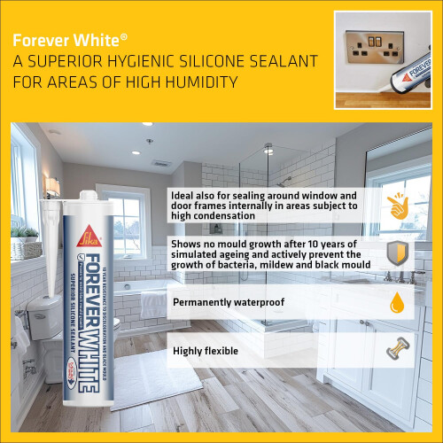 Everbuild Sika Forever White Anti-Mould Silicone Sealant, White, 295ml 2