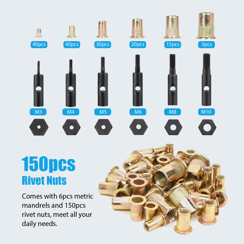 Incikiti Rivnut Tool Kit Rivet-Nut Gun 14" Rivet Nut Tool With 150Pcs Rivnut, Professional Riv Nut Gun Set And M3 M4 M5 M6 M8 M10 6 Metric Mandrels 5051226570872
