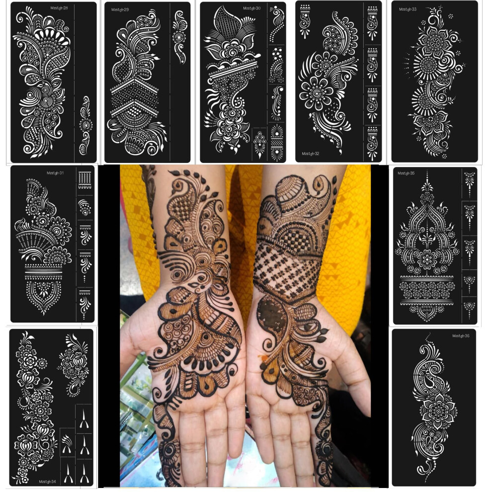 Mzstgh Henna Stencils 9 Sheet Henna Tattoo Kit, Reusable Henna Stickers For Hand Forearm Indian Arabian Self Adhesive Tattoo Templates