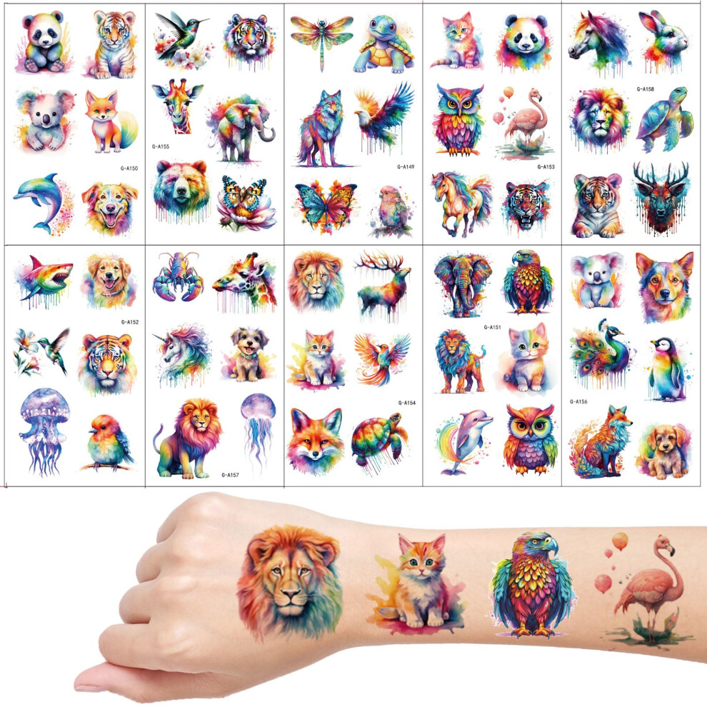 Fatlbsev Animals Temporary Tattoos, 10 Sheets Watercolour Animal For Girls Boys Body Arm Shoulder, Kids Tattoos Party Bag, Birthday Party Small Gift