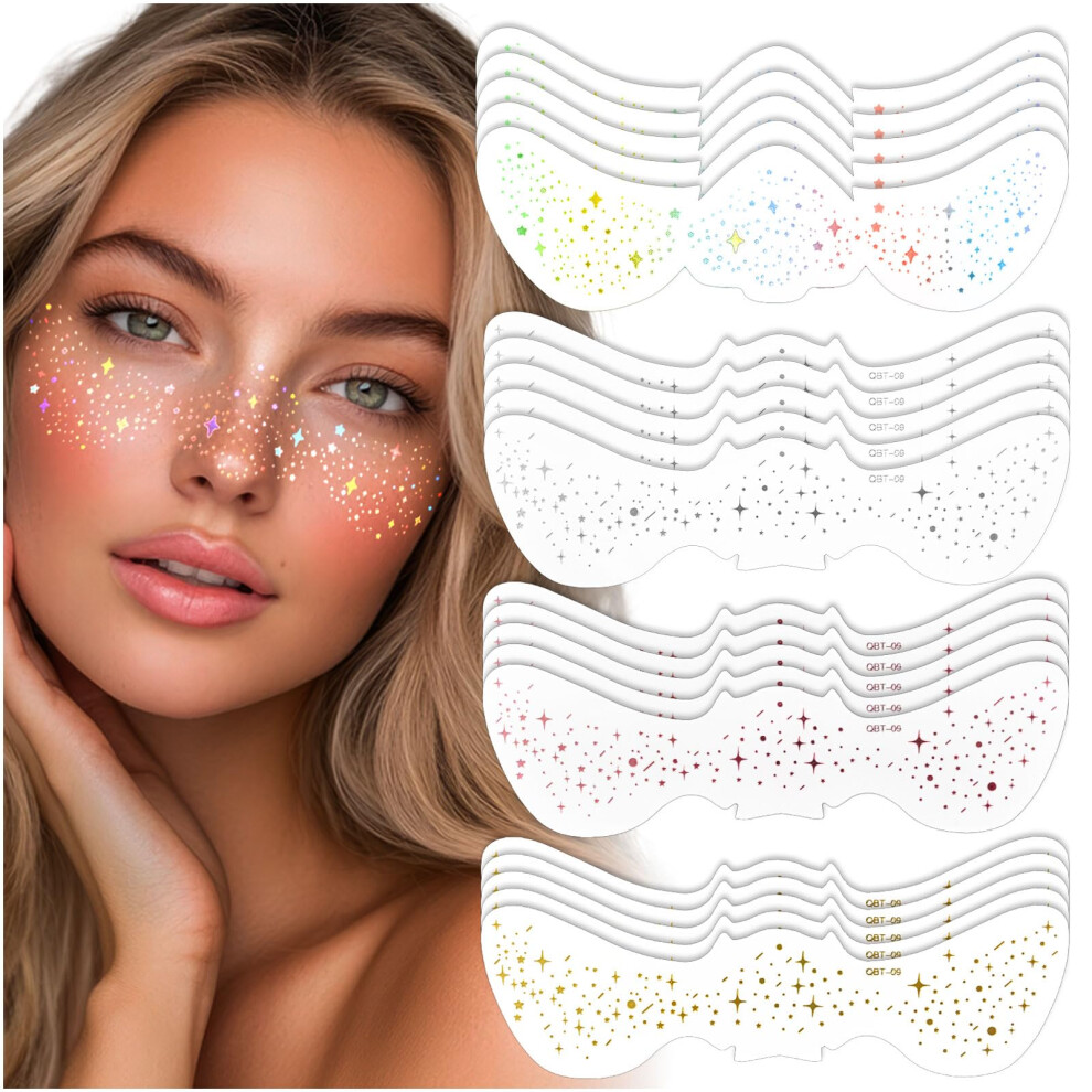 Audasi Gold Glitter Face Freckles Tattoo, 20 Pcs Temporary Face Tattoo Sparkle Faux Freckles Makeup Patches Waterproof Glitter Stickers Long Lasting
