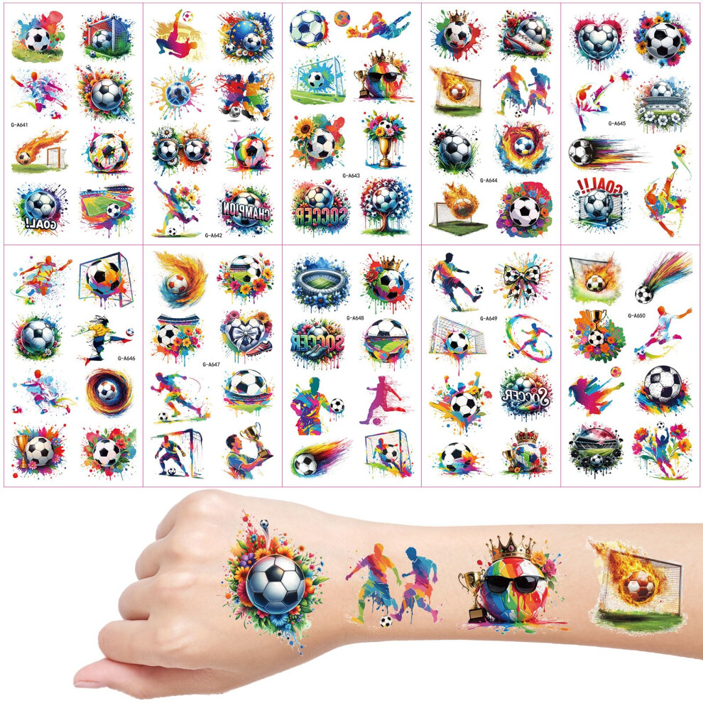 Fatlbsev Football Temporary Tattoos, 10 Sheets Watercolour Football For Girls Boys Body Arm Shoulder, Kids Tattoos Party Bag, Birthday Party Small Gift