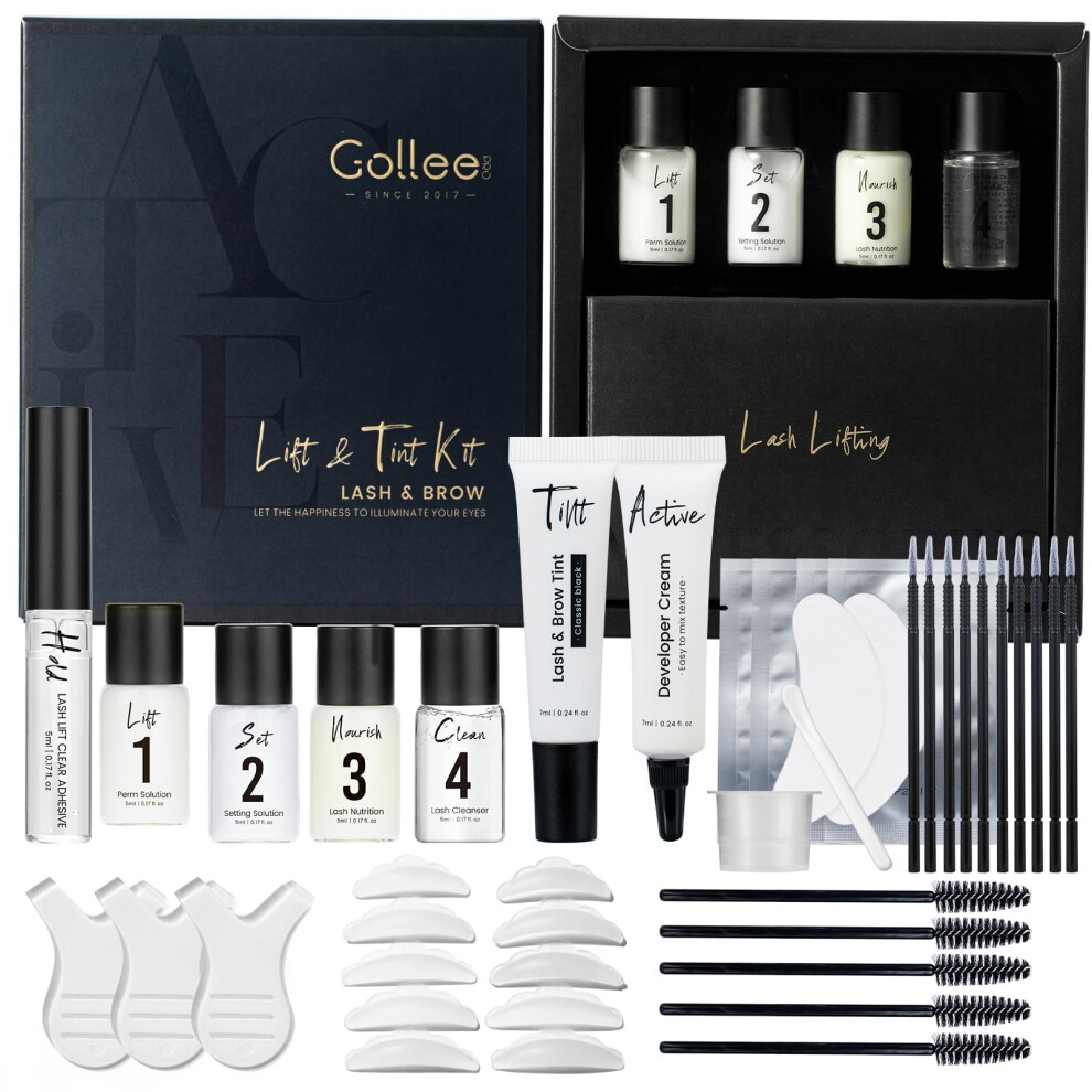 Gollee Black Lash Lift And Tint Kit Brow Lamination Kit Eyelash & Eyebrow Set Eyelash Perm Set With Detail Instruction And Complete Tools Easy For