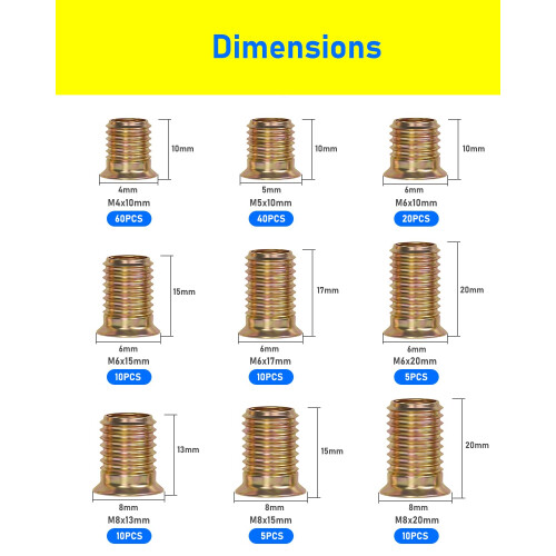HOLMOL 170PCS Threaded Inserts for Wood, 9 Sizes Threaded Insert Nuts, M4 M5 M6 M8 Flanged Hex Socket Nuts 1